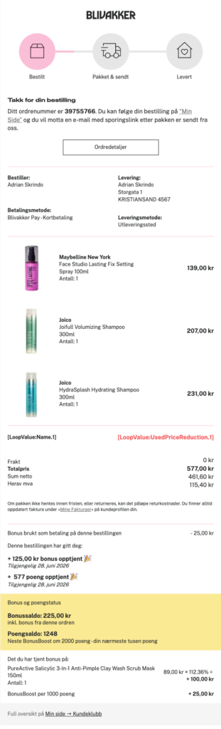 Order confirmation email Blivakker.no